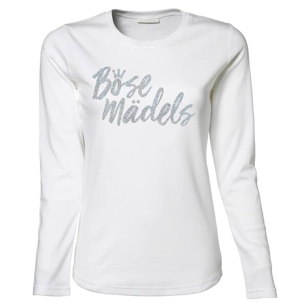 B&ouml;se M&auml;dels- Damen Langarm Shirt Glitterdruck silberner Glitzer
