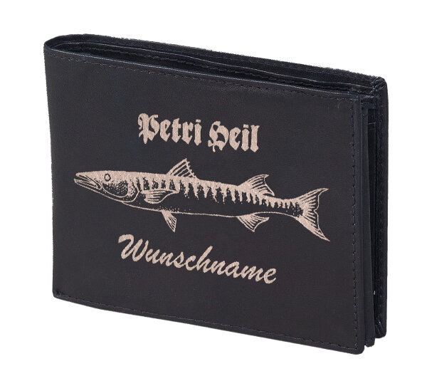 Petri Heil mit  Wunschnamen Lasergravur - Herrengeldb&ouml;rse Rindleder