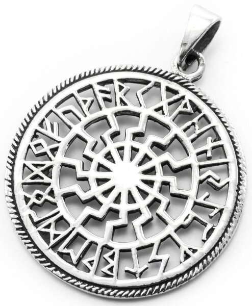 Pagan Schmuck Anh&auml;nger Schwarze Sonne &Oslash; 2.8 cm Amulett mit Runen Futhark Silber