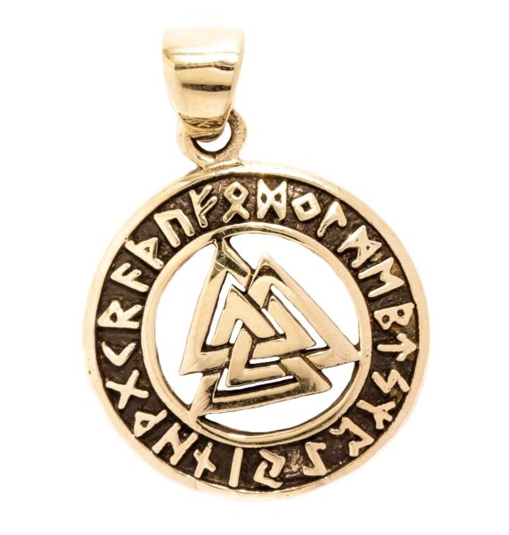 Wikinger Anh&auml;nger VALKNUT 3 cm Wotansknoten mit Runen Skandinavisches Amulett Bronze