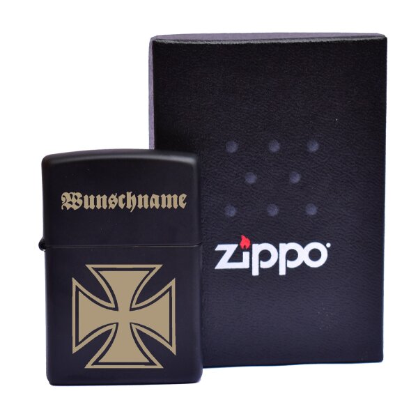 ZIPPO Sturmfeuerzeug schwarz Eisernes Kreuz mit WunschText Geschenkidee