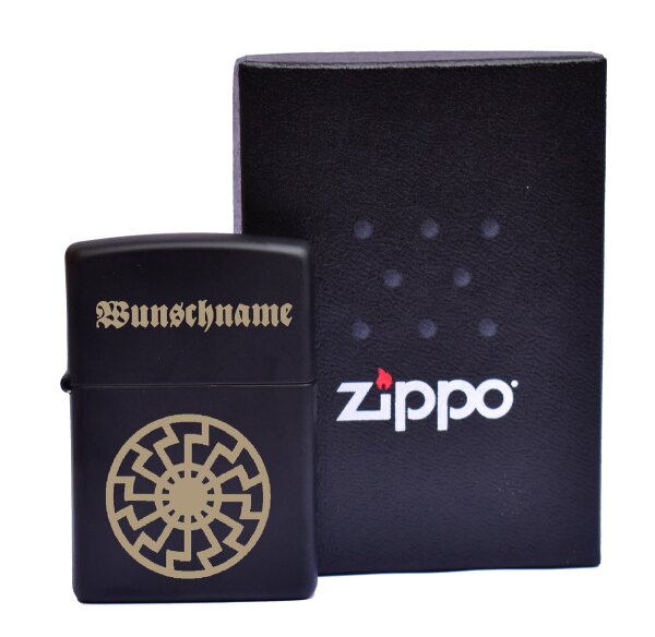 ZIPPO Sturmfeuerzeug schwarz Schwarze Sonne mit WunschText Geschenkidee